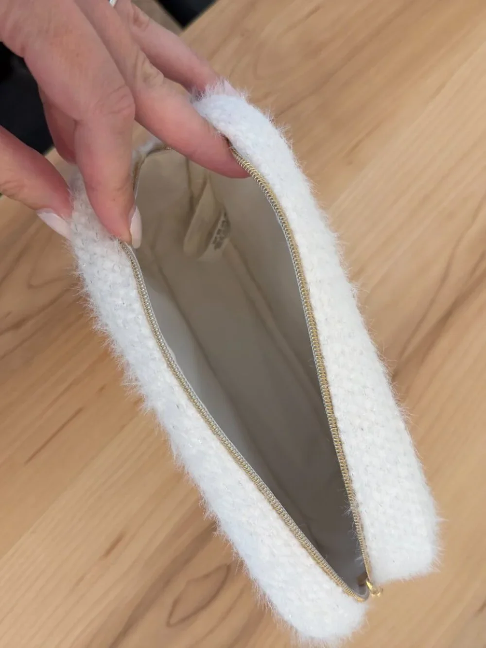 CHANEL Cream Wool Cosmetic Pouch with Gold Logo